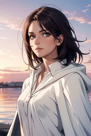 1 girl, HangeAOT, dark brown hair, light brown eyes, pure white collared shirt, green scouts cloak, black eye patch on left eye, fit body, charming, alluring, (standing), (upper body in frame), simple background, endless ocean, pink cloudy sky, dawn, 1910s harbor, only1 image, perfect anatomy, perfect proportions, perfect perspective, 8k, HQ, (best quality:1.5, hyperrealistic:1.5, photorealistic:1.4, madly detailed CG unity 8k wallpaper:1.5, masterpiece:1.3, madly detailed photo:1.2), (hyper-realistic lifelike texture:1.4, realistic eyes:1.2), picture-perfect face, perfect eye pupil, detailed eyes, realistic, HD, UHD, (front view, symmetrical picture, vertical symmetry:1.2), look at viewer