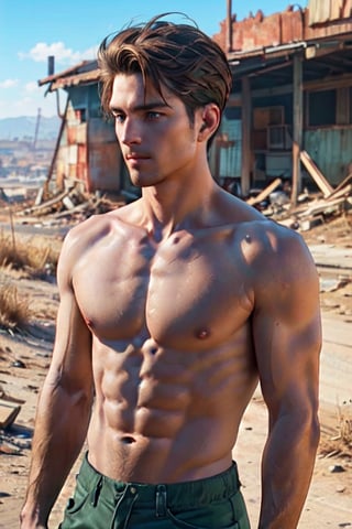 Robert MacCready, blue eyes, light brown hair, (facial hair), (complete topless, shirtless:1.5), military green pants, fit body, handsome, charming, alluring, shy, erotic, dashing, intense gaze, (standing), (upper body in frame), ruined overhead interstate, Fallout 4 location, post-apocalyptic ruins, desolated landscape, dark blue sky, polarising filter, perfect light, only1 image, perfect anatomy, perfect proportions, perfect perspective, 8k, HQ, (best quality:1.2, hyperrealistic:1.2, photorealistic:1.2, madly detailed CG unity 8k wallpaper:1.2, masterpiece:1.2, madly detailed photo:1.2), (hyper-realistic lifelike texture:1.2, realistic eyes:1.2), picture-perfect face, perfect eye pupil, detailed eyes, realistic, HD, UHD, s0ftabs, (bare arms, bare shoulders, bare chest, bare neck:1.5), dutch_angle, side_view 