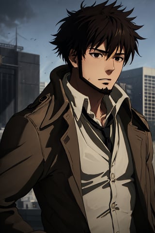 solo male, Genma Shizume, Asian, Japanese, black hair, chinstrap beard, sideburns, black eyes, calm eyes, slitty eyes, (dress in layers), white collared shirt, black necktie, (black jacket:1.3), (brown trench coat, open trench coat:1.3), black pants, black gloves, mature, masculine, handsome, charming, allurin, grin, upper body, perfect anatomy, perfect proportions, (best quality, masterpiece, high_resolution:1.3), perfect eyes, perfecteyes
