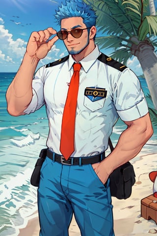 (1 image only), solo male, Wilbur, Animal Crossing, personification, blue hair, short hair, black eyes, blue facial hair, jawline stubble, aviation pilot uniform, white collor shirt, red necktie, epaulette, aviator sunglasses, blue pants, socks, black footwear,bandaid on nose, mature, dilf, bara, handsome, charming, alluring, smile, standing, upper body, hand in pocket, pectoral cleavage, perfect anatomy, perfect proportions, (best quality, masterpiece), (perfect eyes, perfect eye pupil), perfect hands, high_resolution, dutch angle, cowboy shot, seaside, summer