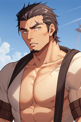 (1 image only), solo male, Kaburagi, Deca Dence, greying black hair, slicked back hair, thick eyebrows, sideburns, goatee, green eyes, scar, tucked-in wide necked short-sleeved white shirt, sleeves tucked up and buttoned, short sleeves, olive wide worker pants, black belt tied, brown boots. simplpe leather bracelet, toned male, mature, handsome, charming, alluring, (portrait, close-up), perfect anatomy, perfect proportions, best quality, masterpiece, high_resolution, dutch angle, outdoors, day, blue sky, science fiction, citadel on sky, photo background, (bare neck, collarbone:1.3)