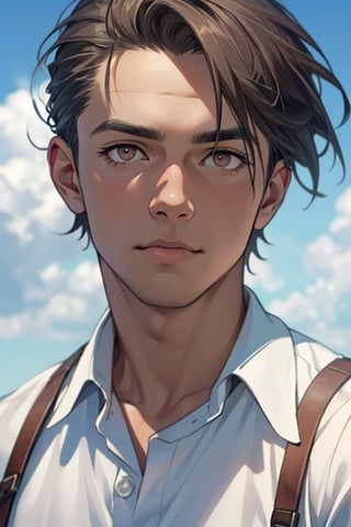 Connie Springer from Attack on Titan, (grey-brown hair, shaved hair:1.2), (gray eyes, normal size eyes), slim, wearing pure white collared shirt, blue sweater, handsome, charming, alluring, (standing), (upper body in frame), simple background, green plains, cloudy blue sky, perfect light, only1 image, perfect anatomy, perfect proportions, perfect perspective, 8k, HQ, (best quality:1.5, hyperrealistic:1.5, photorealistic:1.4, madly detailed CG unity 8k wallpaper:1.5, masterpiece:1.3, madly detailed photo:1.2), (hyper-realistic lifelike texture:1.4, realistic eyes:1.2), picture-perfect face, perfect eye pupil, detailed eyes, realistic, HD, UHD, (front view:1.2), portrait, looking outside frame