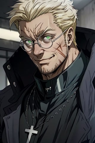 solo male, Alexander Anderson, Hellsing, Catholic priest, short silver-blond hair, green eyes, tanned skin, defined squared jaw, light facial hair, wedge-shaped scar on left cheek, round glasses, opaque glasses, glowing glasses, black clerical collar shirt with blue trim, (grey coat, open coat:1.2), white gloves, silver cross necklace, (single cross, accurate cross:1.2), mature, middle-aged, imposing, tall, handsome, charming, alluring, slight smile, calm, kindly, affableㄝ(portrait, close-up, face focus), face only, perfect anatomy, perfect proportions, best quality, masterpiece, high_resolution, dutch angle, photo background, Vatican City, indoor