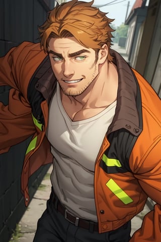 (1 image only), solo male, Gagumber, Sakugan, physical laborer worker, brown hair, two-tone hair, stubble, sideburns, green eyes, thick eyebrows, (white tank top), (orange High-visibility jacket), open jacket, green work pants, black boots, black gloves, mature, handsome, charming, alluring, smile, (portrait, close-up), perfect anatomy, perfect proportions, high_resolution, dutch angle, detailed background