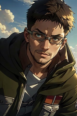 Abel, solo, Attack on Titan, uniform of the Scout Regiment, green cloak, brown eyes, goggles, thick-rimmed glasses with bands around head, light stubble on chin and cheekbones, fit body, handsome, charming, alluring, intense gaze, gentle expression, soft expression, (standing), (upper body in frame), simple background, green plains, cloudy blue sky, perfect light, only1 image, perfect anatomy, perfect proportions, perfect perspective, 8k, HQ, (best quality:1.5, hyperrealistic:1.5, photorealistic:1.4, madly detailed CG unity 8k wallpaper:1.5, masterpiece:1.3, madly detailed photo:1.2), (hyper-realistic lifelike texture:1.4, realistic eyes:1.2), picture-perfect face, perfect eye pupil, detailed eyes, realistic, HD, UHD, (front view:1.2), portrait, looking outside frame,(MkmCut)