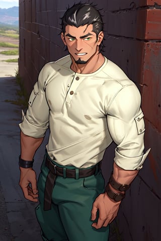 (1 image only), solo male, Kaburagi, Deca Dence, greying black hair, slicked back hair, thick eyebrows, sideburns, goatee, green eyes, scar, tucked-in wide necked short-sleeved shirt, sleeves tucked up and buttoned, olive wide pants, brown boots. black belt tied. leather bracelet, toned male, mature, handsome, charming, alluring, grin, standing, upper body, perfect anatomy, perfect proportions, best quality, masterpiece, high_resolution, dutch angle, cowboy shot, outdoors, day, science fiction, photo background