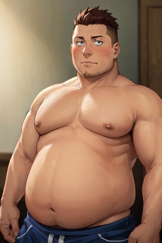 (1 image only), solo male, 1boy, Heymans Breda, Fullmetal Alchemist, anime, 2D, blue eyes, brown hair, short hair, high fade, stubble, handsome, (chubby), (topless, shirtless, bare chest, bare shoulder),  blue pants, shy, blush, charming, alluring, upper body in frame, perfect anatomy, perfect proportions, 8k, HQ, (best quality:1.2, hyperrealistic:1.2, photorealistic:1.2, masterpiece:1.3, madly detailed photo:1.2), (hyper-realistic lifelike texture:1.2, realistic eyes:1.2), high_resolution, perfect eye pupil, dutch angle,best quality