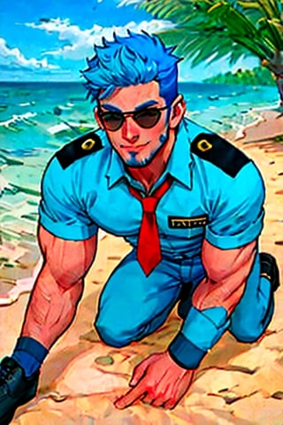 (1 image only), solo male, Wilbur, Animal Crossing, personification, blue hair, short hair, blue facial hair, jawline stubble, black eyes, (aviator sunglasses), aviation pilot uniform, white collor shirt, red necktie, epaulette, blue pants, socks, black footwear, mature, bara, handsome, charming, alluring, smile, shy, blush, large pectorals, (on all four, all fours pose, pov, upperbody:1.2), looking at viewer, perfect anatomy, perfect proportions, (best quality, masterpiece), (perfect eyes, perfect eye pupil), perfect hands, high_resolution, seaside, summer
,all fours,collar