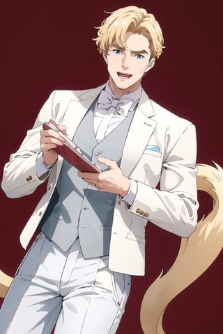 solo male, Lewis Smith \(Brave Bang Bravern\), blond hair, short hair, blue eyes, (white tuxedo with tails, white tuxedo sleeves), (grey vest, white pants, white bowtie:1.3), red rose, mature, handsome, charming, alluring, muscular, beefy, blush, smile, open mouth, standing, upper body, perfect anatomy, perfect proportions, best quality, masterpiece, high_resolution, dutch angle, cowboy shot, simple background, wedding