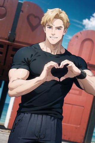 solo male, Lewis Smith \(Bang Brave Bang Bravern\), blond hair, short hair, blue eyes, ((black t-shirt, grey pants)), ((heart hands)), blush, mature, handsome, charming, alluring, grin, standing, upper body, perfect anatomy, perfect proportions, best quality, masterpiece, high_resolution, dutch angle, cowboy shot, photo background, on aircraft carrier, ocean, sky, muscular, beefy,