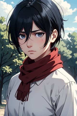 Mikasa Ackerman(black hair,:1.2), (grey-blue eyes:1.2), fit body, red scarf, pure white collared shirt, charming, alluring, dejected, depressed, sad, (standing), (upper body in frame), simple background, under the tree, shadows of tree and leaves, cloudy blue sky, medieval european towns in distant, green plains, only 1 image, perfect anatomy, perfect proportions, perfect perspective, 8k, HQ, (best quality:1.5, hyperrealistic:1.5, photorealistic:1.4, madly detailed CG unity 8k wallpaper:1.5, masterpiece:1.3, madly detailed photo:1.2), (hyper-realistic lifelike texture:1.4, realistic eyes:1.2), picture-perfect face, perfect eye pupil, detailed eyes, realistic, HD, UHD, (front view, symmetrical picture, vertical symmetry:1.2), look at viewer, tear in eyes,1 girl