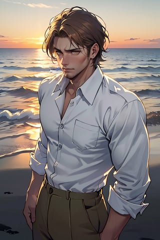 jean_kirstein(brown hair, short hair, stubble, bare forehead:1.2), (light brown eyes:1.4), fit body, (wearing pure white collared shirt, button up shirt:1.3), military green pants, black combat boots:1.2), roll up sleeve, manly, bulky, charming, alluring, dejected, depressed, sad, (standing), (upper body in frame), simple background(1910s harbor, sunset on ocean, endless ocean, nightfall), backlight, orange sky, perfect light, only 1 image, perfect anatomy, perfect proportions, perfect perspective, 8k, HQ, (best quality:1.5, hyperrealistic:1.5, photorealistic:1.4, madly detailed CG unity 8k wallpaper:1.5, masterpiece:1.3, madly detailed photo:1.2), (hyper-realistic lifelike texture:1.4, realistic eyes:1.2), picture-perfect face, detailed eyes, realistic, HD, UHD, front view, tear in eyes