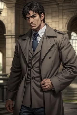 1boy, solo, Blitz T. Abrams, Kekkai Sensen, anime, tall, muscular man, hort black hair, blue eyes, facial hair, 51 years old, mature, handsome, manly, white collared shirt, black necktie, buttoned-up pure brown overcoat, perfect anatomy, perfect proportions, , 8k, HQ, HD, UHD, (best quality:1.5, hyperrealistic:1.5, photorealistic:1.4, madly detailed CG unity 8k wallpaper:1.5, masterpiece:1.3, madly detailed photo:1.2), (hyper-realistic lifelike texture:1.4, realistic eyes:1.2), picture-perfect face, perfect eye pupil, detailed eyes, dynamic, (dutch angle), high_resolution, image with color