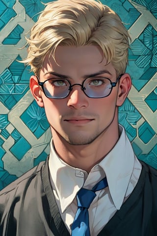 (1 image only), solo male, reiner braun, hazel eyes, blond hair, short hair, bare forehead, (facial hair, stubble1.2), (black glasses1.2), (pure light-blue collared shirt1.2, deep-blue necktie:1.2, black pants), (tucked-in shirts), mature, manly, hunk, masculine, virile, confidence, charming, alluring, slight smile, standing, upper body in frame, (1920s artdeco style luxury pattern background:1.2), perfect anatomy, perfect proportions, 8k, HQ, (best quality:1.5, hyperrealistic:1.5, photorealistic:1.4, madly detailed CG unity 8k wallpaper:1.5, masterpiece:1.3, madly detailed photo:1.2), (hyper-realistic lifelike texture:1.4, realistic eyes:1.2), picture-perfect face, perfect eye pupil, detailed eyes,perfecteyes