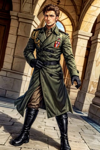 (1 image only), (solo male), 1boy, Sadik Adnan, Turkey, Hetalia: Axis Powers, Turkish male, olive-skinned, facial hair, chinstrap stubble, sideburns, (clean face), brown eyes, brown hair, short hair, long green military trench coat, knee-high boots, black gloves, handsome, mature, charming, alluring, full body, perfect anatomy, perfect proportions, 8k, HQ, (best quality:1.2, masterpiece:1.3), high_resolution, perfect eye pupil, dutch angle, perfecteyes, Hagia sophia loction, building, 2d, flat, cartoon, (Hands:1.1), better_hands, perfecteyes, Male focus