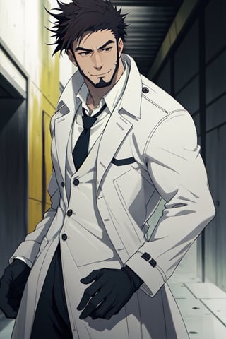 solo male, Genma Shizume, Asian, Japanese, black hair, chinstrap beard, sideburns, black eyes, calm eyes, slitty eyes, (white collared shirt, black necktie, black jacket), ((brown overcoat, open overcoat)), black pants, black gloves, mature, masculine, handsome, charming, allurin, smile, standing, upper body, hand on waist, perfect anatomy, perfect proportions, (best quality, masterpiece, high_resolution:1.3), perfect eyes, dutch angle, cowboy shot