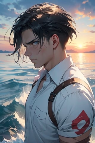 Levi Ackerman, black hair, dull blue eyes, pure white collared shirt,(white eye bandage on right eye:1.1), (AttackonTitan, wearing Omni-directional mobility gear), fit body, 34 years old, charming, alluring, dejected, depressed, sad, calm eyes, (standing), (upper body in frame), simple background, endless ocean, pink cloudy sky, dawn, 1910s harbor, only1 image, perfect anatomy, perfect proportions, perfect perspective, 8k, HQ, (best quality:1.5, hyperrealistic:1.5, photorealistic:1.4, madly detailed CG unity 8k wallpaper:1.5, masterpiece:1.3, madly detailed photo:1.2), (hyper-realistic lifelike texture:1.4, realistic eyes:1.2), picture-perfect face, perfect eye pupil, detailed eyes, realistic, HD, UHD, (front view, symmetrical picture, vertical symmetry:1.2), look at viewer