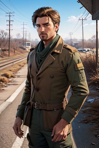 Robert MacCready, blue eyes, light brown hair, facial hair, tan duster coat, ammo pouches, long-sleeved, white undershirt, military green scarf, military green pants, fit body, handsome, charming, alluring, dashing, intense gaze, (standing), (upper body in frame), ruined overhead interstate, Fallout 4 location, post-apocalyptic ruins, desolated landscape, dark blue sky, polarising filter, perfect light, only1 image, perfect anatomy, perfect proportions, perfect perspective, 8k, HQ, (best quality:1.5, hyperrealistic:1.5, photorealistic:1.4, madly detailed CG unity 8k wallpaper:1.5, masterpiece:1.3, madly detailed photo:1.2), (hyper-realistic lifelike texture:1.4, realistic eyes:1.2), picture-perfect face, perfect eye pupil, detailed eyes, realistic, HD, UHD, (front view:1.2), portrait, looking outside frame,