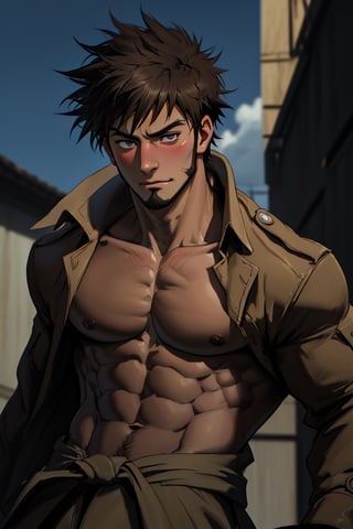 solo male, Genma Shizume, Asian, Japanese, black hair, chinstrap beard, sideburns, black eyes, calm eyes, slitty eyes, intense gaze, blush, shy,  (topless, bare chest, bare neck, bare belly, bare abdomen), (light brown trench coat, open trench coat:1.2), black pants, black gloves, mature, masculine, handsome, charming, allurin, smile, upper body, perfect anatomy, perfect proportions, (best quality, masterpiece, high_resolution:1.3), (perfect eyes, perfecteyes:1.3),perfecteyes,1boy, open fly