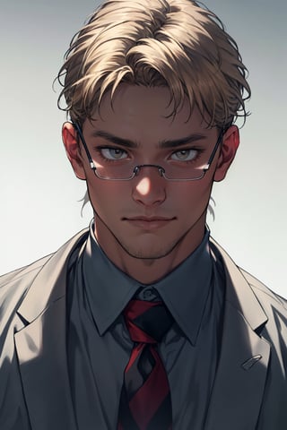 reiner braun, hazel eyes, blond hair, short hair, bare forehead, (stubble), (wore glasses:1.2), (light blue collared shirt:1.2, deep blue necktie:1.2, black pants), fit body, manly, hunk, masculine, virile, confidence, charming, alluring, smile, standing, (upper body in frame), perfect light, perfect anatomy, perfect proportions, perfect perspective, 8k, HQ, (best quality:1.5, hyperrealistic:1.5, photorealistic:1.4, madly detailed CG unity 8k wallpaper:1.5, masterpiece:1.3, madly detailed photo:1.2), (hyper-realistic lifelike texture:1.4, realistic eyes:1.2), picture-perfect face, perfect eye pupil, detailed eyes, realistic, HD, UHD, look at viewer, solo