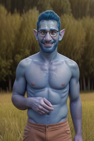 (1 image only), solo male, Wilden Lightfoot, Pixar Animation Onward, (blue skin:1.2), dark blue hair, short hair, brown eyes, thick eyebrows, pointy ears, facial hair, beard, black-framed-glasses, (topless, shirtless:1.2), khaki pants, mature, bara, dilf, handsome, charming, alluring, smile, standing, upper body, perfect anatomy, perfect proportions, (best quality, masterpiece), (perfect eyes, perfect eye pupil), perfect hands, high_resolution, dutch angle, cowboy shot, green field,Anime