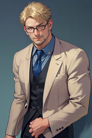 (1 image only), solo male, reiner braun, hazel eyes, blond hair, short hair, bare forehead, (facial hair, stubble1.2), (black glasses1.2), (light-blue collared shirt1.2, deep-blue necktie:1.2, black pants), (tucked-in shirts), mature, manly, hunk, masculine, virile, confidence, charming, alluring, smile, standing, upper body in frame, (1920s artdeco style background, artdeco golden and black luxury background), perfect anatomy, perfect proportions, 8k, HQ, (best quality:1.5, hyperrealistic:1.5, photorealistic:1.4, madly detailed CG unity 8k wallpaper:1.5, masterpiece:1.3, madly detailed photo:1.2), (hyper-realistic lifelike texture:1.4, realistic eyes:1.2), picture-perfect face, perfect eye pupil, detailed eyes