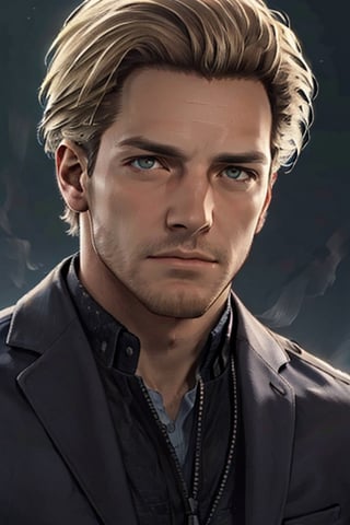 Felix Richter, blond hair, stubble,  (light brown eyes, normal size eyes), handsome, charming, alluring, debonair, (standing), (upper body in frame), simple background, black background, fog, dark atmosphere, perfect light, perfect anatomy, perfect proportions, perfect perspective, 8k, HQ, (best quality:1.5, hyperrealistic:1.5, photorealistic:1.4, madly detailed CG unity 8k wallpaper:1.5, masterpiece:1.3, madly detailed photo:1.2), (hyper-realistic lifelike texture:1.4, realistic eyes:1.2), picture-perfect face, perfect eye pupil, detailed eyes, realistic, HD, UHD, (front view:1.2), portrait, face focus, looking outside frame, (MkmCut)