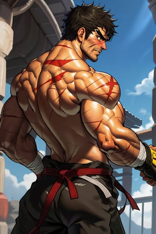 solo male, Grappler, Dungeon Fighter, black hair, short hair, brown eyes, thick eyebrows, forked eyebrows, stubble, green eyes, scars on face, scar on cheek, scar on chest, pectorals, pectoral cleavage, topless, shirtless, (from behind), nape, back, black martial arts pants, yellow fingerless gloves, barefoot, bandaged hand, toned male, mature, masculine, hunk, handsome, charming, alluring, blush, shy, serious, fighting stance, upper body, perfect anatomy, perfect proportions, perfect eyes, perfect, parfect fingers, best quality, masterpiece, high_resolution, dutch angle, photo background,