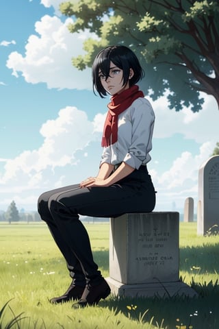 Mikasa Ackerman(black hair,:1.2), (grey-blue eyes:1.2), fit body, red scarf, pure white collared shirt, charming, alluring, dejected, depressed, sad, (sitting under the tree), (full body in frame), simple background, shadows of tree and leaves, 7 very small and tiny and short tombstone on right side, cloudy blue sky, medieval european towns in distant, green plains, only 1 image, perfect anatomy, perfect proportions, perfect perspective, 8k, HQ, (best quality:1.5, hyperrealistic:1.5, photorealistic:1.4, madly detailed CG unity 8k wallpaper:1.5, masterpiece:1.3, madly detailed photo:1.2), (hyper-realistic lifelike texture:1.4, realistic eyes:1.2), picture-perfect face, perfect eye pupil, detailed eyes, realistic, HD, UHD, (front view, symmetrical picture, vertical symmetry:1.2), look at viewer, tear in eyes,1 girl