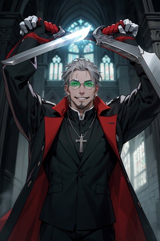 solo male, Alexander Anderson, Hellsing, Catholic priest, short silver-blond hair, green eyes, tanned skin, defined squared jaw, light facial hair, wedge-shaped scar on left cheek, round glasses, black clerical collar shirt with blue trim, black trousers, black boot, open purple-ish grey coat, open coat, white gloves, silver cross necklace, (single silver cross), mature, middle-aged, imposing, tall, handsome, charming, alluring, evil grin, upper body, perfect anatomy, perfect proportions, best quality, masterpiece, high_resolution, dutch angle, cowboy shot, photo background, Vatican City, fighting stance, (dual wielding, holding swords)