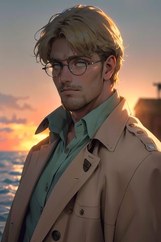 Zeke Yeager, blonde hair, grey-blue eyes, glasses, beard, fit body, (wearing pure white collared shirt, button up shirt:1.3), (unbutton wide open brown trench coat, military green pants, black combat boots:1.2), show chest shirt, mature, DILF, masculine, virile, charming, alluring, calm eyes, (standing), (upper body in frame), simple background(1910s harbor, sunset on ocean, endless ocean, nightfall), backlight, orange sky, perfect light, only1 image, perfect anatomy, perfect proportions, perfect perspective, 8k, HQ, (best quality:1.5, hyperrealistic:1.5, photorealistic:1.4, madly detailed CG unity 8k wallpaper:1.5, masterpiece:1.3, madly detailed photo:1.2), (hyper-realistic lifelike texture:1.4, realistic eyes:1.2), picture-perfect face, perfect eye pupil, detailed eyes, realistic, HD, UHD, (front view, symmetrical picture, vertical symmetry:1.2), look at viewer, face focus