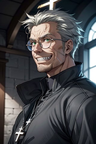 solo male, Alexander Anderson, Hellsing, Catholic priest, short silver-blond hair, green eyes, tanned skin, defined squared jaw, light facial hair, wedge-shaped scar on left cheek, round glasses, black clerical collar shirt with blue trim, (open grey coat:1.5), open coat, white gloves, silver cross necklace, (single cross, accurate cross:1.2), mature, middle-aged, imposing, tall, handsome, charming, alluring, ((crazy eyes, evil grin)), (portrait, close-up, face focus), face only, perfect anatomy, perfect proportions, best quality, masterpiece, high_resolution, dutch angle, photo background, Vatican City, indoor