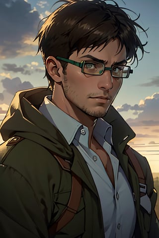 Abel, solo, Attack on Titan, uniform of the Scout Regiment, green cloak, brown eyes, goggles, thick-rimmed glasses with bands around head, light stubble on chin and cheekbones, fit body, handsome, charming, alluring, intense gaze, gentle expression, soft expression, (standing), (upper body in frame), simple background, green plains, cloudy blue sky, perfect light, only1 image, perfect anatomy, perfect proportions, perfect perspective, 8k, HQ, (best quality:1.5, hyperrealistic:1.5, photorealistic:1.4, madly detailed CG unity 8k wallpaper:1.5, masterpiece:1.3, madly detailed photo:1.2), (hyper-realistic lifelike texture:1.4, realistic eyes:1.2), picture-perfect face, perfect eye pupil, detailed eyes, realistic, HD, UHD, (front view:1.2), portrait, looking outside frame,(MkmCut)