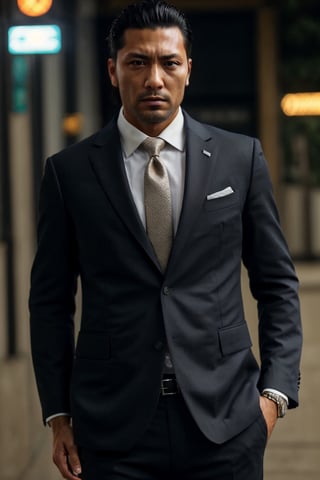 (1 image only), solo male, 1boy, Daigo Dojima, Yakuza, 34 years old, Asian, Japanese, black hair,  short hair, slicked back hair, stubble, handsome,  white collared shirt, (black suit jacket:1.5), black necktie, fit body, mature, manly, hunk, masculine,  virile, confidence, charming, alluring, upper body in frame, night at Kabukicho Tokyo, perfect anatomy, perfect proportions, 8k, HQ, (best quality:1.5, hyperrealistic:1.5, photorealistic:1.4, madly detailed CG unity 8k wallpaper:1.5, masterpiece:1.3, madly detailed photo:1.2), (hyper-realistic lifelike texture:1.4, realistic eyes:1.2), high_resolution, picture-perfect face, perfect eye pupil, detailed eyes,  perfecteyes, perfecteyes, dutch angle,realistic,photorealistic