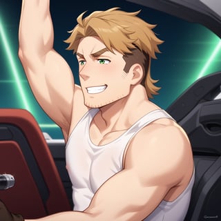 score_9, score_8_up, score_7_up, score_6_up, perfect anatomy, perfect proportions, best quality, masterpiece, high_resolution, high quality, solo male, Gagumber, brown hair, two-tone hair, sideburns, facial hair, stubble, green eyes, thick eyebrows, white tank top, bare shoulders, bare arms, black gloves, green work pants, sitting in a huge industrial mecha, mecha cockpit, operator's seat, mecha joystick, outstretched arms, outstretched legs, spread legs, ((2 hands holding joysticks)), science fiction, adult, mature, masculine, manly, handsome, charming, alluring, serious, intense eyes, v-shaped eyebrows, open mouth, grin, ((upper body)), view from side, cinematic still, emotional, harmonious, vignette, bokeh, cinemascope, moody, epic, gorgeous