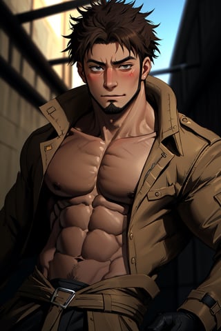 solo male, Genma Shizume, Asian, Japanese, black hair, chinstrap beard, sideburns, black eyes, calm eyes, slitty eyes, intense gaze, blush, shy,  (topless, bare chest, bare neck, bare belly, bare abdomen), (light brown trench coat, open trench coat:1.2), black pants, black gloves, mature, masculine, handsome, charming, allurin, smile, upper body, perfect anatomy, perfect proportions, (best quality, masterpiece, high_resolution:1.3), (perfect eyes, perfecteyes:1.3),perfecteyes,1boy