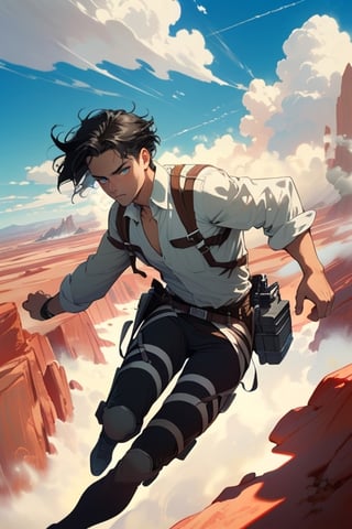Levi Ackerman(black hair, straight hai, dull blue eyes), ((pure white collared shirt, fit shirt, black pants)), charming, alluring, seductive, highly detailed face, detailed eyes, perfect light, ((only 2 legs, perfect legs, perfect fingers)), (floating in the air, flying on very high sky:1.3), simple background, empty sky with cloud, (best quality), (8k), (masterpiece), best quality, 1 image, perfect anatomy, perfect proportions, perfect perspective, (AttackonTitan, wearing Omni-directional mobility gear), ((full body in frame)), dutch angle, dynamic, (Hands:1.1), better_hands, (red rock desert in background distant, vast steamy smoke on the ground in far horizon),