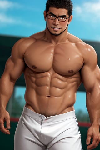 (1 image only), solo male, bara, Kyoichi Ootomo, Live A Hero, Asian, Japanese, hero, short hair, black hair, green streaked hair, sideburns, black eyes, facial hair, goatee, (wore glasses), tan skin, white bandaid on nose, glasses, (complete topless, shirtless), bare chest, bare shoulder, bare neck, bare arms, white baseball pants, shy, blush, smile, mature, handsome, charming, alluring, standing, perfect anatomy, perfect proportions, (best quality, masterpiece), (perfect eyes, perfect eye pupil:1.2), perfect hands, high_resolution, dutch angle, Baseball Players,Baseball Players, baseball field, sweaty skin, shiny skin, fighting_stance, competitive photo, studio photoshoot,masterpiece