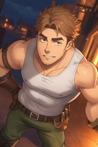 (1 image only), solo male, Gagumber, Sakugan, physical laborer worker, brown hair, two-tone hair, stubble, green eyes, thick eyebrows, ((white tank top)) , bare shoulder, bare neck, green work pants, black boots, black gloves, mature, handsome, charming, alluring, smile, ((portrait, close-up)), perfect anatomy, perfect proportions, high_resolution, dutch angle, detailed background, steampunk city