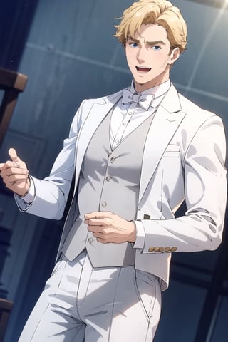 solo male, Lewis Smith \(Brave Bang Bravern\), blond hair, short hair, blue eyes, (white tuxedo, white tailjacket, white tuxedo sleeves), (grey vest, white pants, white bowtie:1.3), red rose, mature, handsome, charming, alluring, muscular, beefy, blush, smile, open mouth, standing, upper body, perfect anatomy, perfect proportions, best quality, masterpiece, high_resolution, dutch angle, cowboy shot, simple background, wedding, flowers