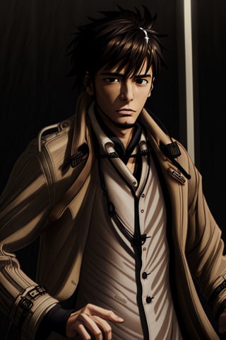 solo male, Genma Shizume, Asian, Japanese, black hair, chinstrap beard, sideburns, black eyes, calm eyes, slitty eyes, intense gaze, (dress in layers), white collared shirt, black necktie, (black suit jacket:1.8), (light brown trench coat, open trench coat:1.6), black pants, black gloves, mature, masculine, handsome, charming, allurin, grin, smile, upper body, perfect anatomy, perfect proportions, (best quality, masterpiece, high_resolution:1.3), (perfect eyes, perfecteyes:1.3)
