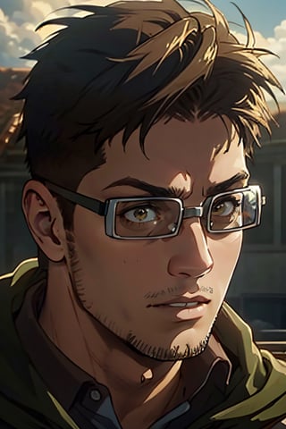 Abel, solo, Attack on Titan, uniform of the Scout Regiment, green cloak, brown eyes, goggles, thick-rimmed glasses with bands around head, light stubble on chin and cheekbones, (shaved philtrum, hairless philtrum:1.2), fit body, handsome, charming, alluring, intense gaze, gentle expression, soft expression, (standing), (upper body in frame), simple background, green plains, cloudy blue sky, perfect light, only1 image, perfect anatomy, perfect proportions, perfect perspective, 8k, HQ, (best quality:1.5, hyperrealistic:1.5, photorealistic:1.4, madly detailed CG unity 8k wallpaper:1.5, masterpiece:1.3, madly detailed photo:1.2), (hyper-realistic lifelike texture:1.4, realistic eyes:1.2), picture-perfect face, perfect eye pupil, detailed eyes, realistic, HD, UHD, (front view:1.2), portrait, looking outside frame,(MkmCut)