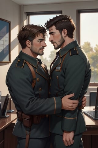 ((2peoplei)), 1 mature man giver,1 mature dad receiver, ((uniform)), short hair, stubble, dilf, different hair style, makeout, gay, homo, highly detailed face, detailed eyes, perfect light, office room, (best quality), (8k), (masterpiece),best quality, 1 image,ww1ger, perfect anatomy, rugged, manly, hunk