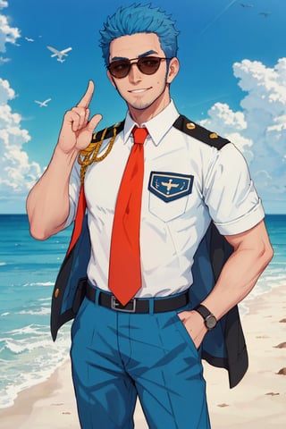 (1 image only), solo male, Wilbur, Animal Crossing, personification, pure blue hair, short hair, black eyes, blue facial hair, jawline stubble, aviation pilot uniform, white collor shirt, red necktie, epaulette, aviator sunglasses, blue pants, socks, black footwear, bandaid on nose, mature, dilf, bara, handsome, charming, alluring, grin, standing, upper body, hand in pocket, (two-finger salute:1.2), perfect anatomy, perfect proportions, (best quality, masterpiece), (perfect eyes, perfect eye pupil), perfect hands, high_resolution, dutch angle, cowboy shot, seaside, summer