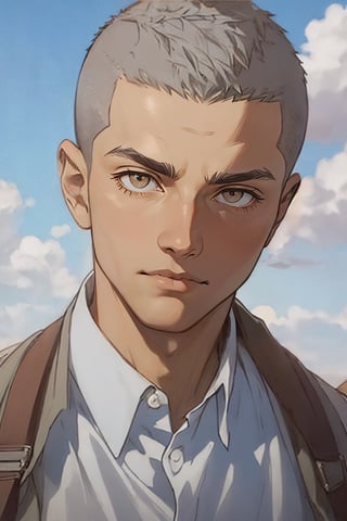 Connie Springer from Attack on Titan, (grey hair, shaved hair, extremely short hair, buzzcut:1.2), bare forehead,  (gray eyes, normal size eyes), round face, slim, wearing pure white collared shirt, youthful, handsome, charming, alluring, (standing), (upper body in frame), simple background, green plains, cloudy blue sky, perfect light, only1 image, perfect anatomy, perfect proportions, perfect perspective, 8k, HQ, (best quality:1.5, hyperrealistic:1.5, photorealistic:1.4, madly detailed CG unity 8k wallpaper:1.5, masterpiece:1.3, madly detailed photo:1.2), (hyper-realistic lifelike texture:1.4, realistic eyes:1.2), picture-perfect face, perfect eye pupil, detailed eyes, realistic, HD, UHD, (front view:1.2), portrait, looking outside frame