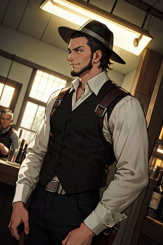 solo male, Kenny Ackerman, Attack on Titan Anime style, brown hair, hair slicked back, grey eyes, sideburns, thin beard along jawline, white collared shirt, long sleeves, (simple black vest, long vest), black pants, (dark fedora hat), (vertical maneuvering equipment, silver color armor, holster), athletic build, middle-age, mature, handsome, charming, alluring, smirk, perfect anatomy, perfect proportions, best quality, masterpiece, high_resolution, dutch angle, indoor, vintage bar