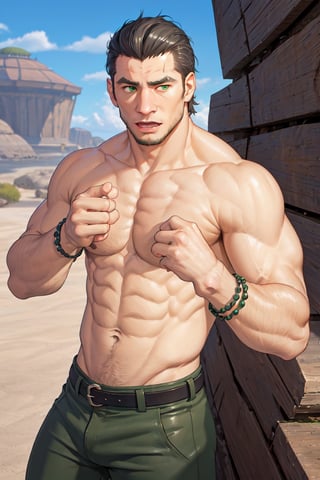 (1 image only), solo male, Kaburagi, Deca Dence, greying black hair, slicked back hair, thick eyebrows, sideburns, goatee, green eyes, scar, topless, shirtless, olive wide pants, brown boots. leather bracelet, toned male, mature, handsome, charming, alluring,  upper body, perfect anatomy, perfect proportions, best quality, masterpiece, high_resolution, dutch angle, cowboy shot, outdoors, day, blue sky, science fiction, photo background, (Hands:1.1), better_hands, (perfect 
 hand, perfect fingers), (1man)