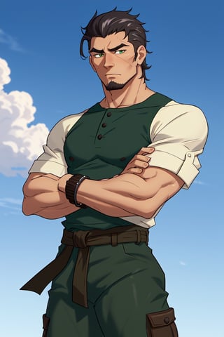 (1 image only), solo male, Kaburagi, Deca Dence, greying black hair, slicked back hair, thick eyebrows, sideburns, goatee, green eyes, scar, tucked-in wide necked short-sleeved white shirt, sleeves tucked up and buttoned, short sleeves, olive wide pants, brown boots. black belt tied. leather bracelet, toned male, mature, handsome, charming, alluring, (arms crossed), upper body, perfect anatomy, perfect proportions, best quality, masterpiece, high_resolution, dutch angle, cowboy shot, outdoors, day, blue sky, science fiction, photo background, (Hands:1.1), better_hands, perfect fingers