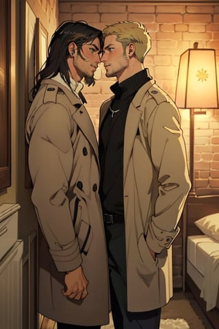 couple, ((2people)), first man giver(Eren Jaeger, ,erenad, black hair, long hair, long straight hair, hair down, stubble, grey-green eyes:1.3), second mature man receiver(reiner braun, blond hair, short hair, stubble, hazel eyes:1.3), (uniform, white collared shirt, opem brown trench coat:1.2), (different hair style, different hair color, different face, same height:1.4), makeout, eye contact, gay, homo, slight shy, charming, alluring, seductive, highly detailed face, detailed eyes, perfect light, 1930s military red brick basement, spacious room, retro, oil lamp light outside frame, (best quality), (8k), (masterpiece), best quality, 1 image, manly, perfect anatomy, perfect proportions, perfect perspective 