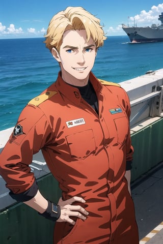 solo male, Lewis Smith \(Bang Brave Bang Bravern\), blond hair, short hair, blue eyes, grey military pilot jumpsuit, black boots, mature, handsome, charming, alluring, grin, standing, upper body, perfect anatomy, perfect proportions, best quality, masterpiece, high_resolution, dutch angle, cowboy shot, photo background, on aircraft carrier, ocean, sky